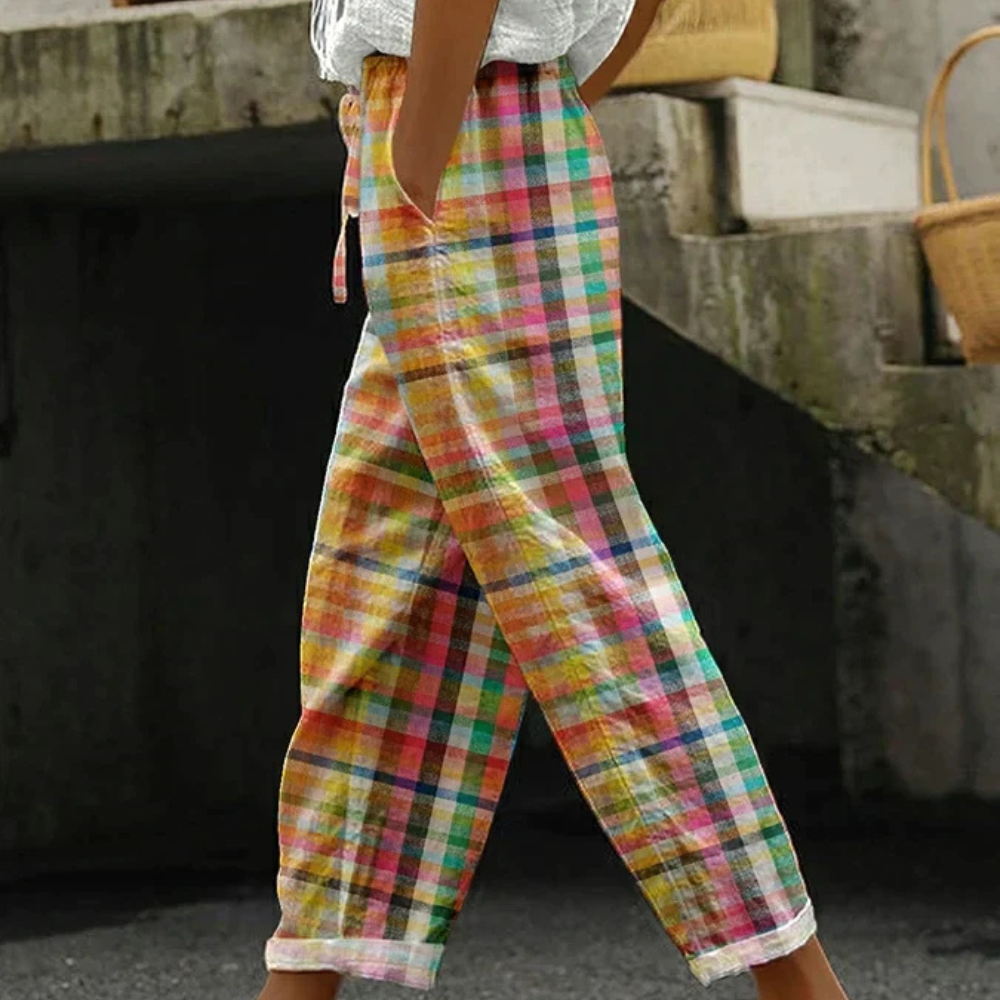 Karin™ | Rutiga byxor med resårmidja och knytskärp